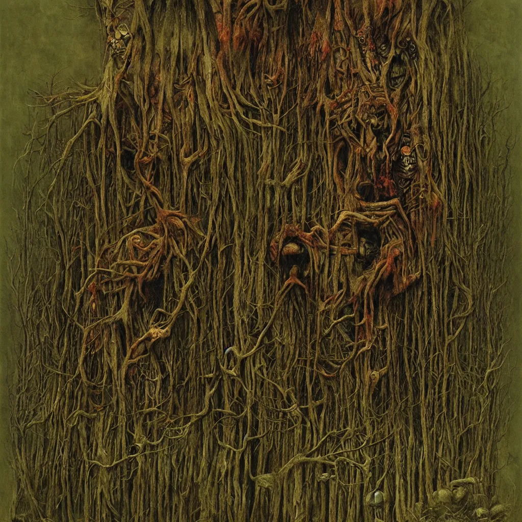 Prompt: a dark forest infested with vile, disgusting, horrible, contorted, insectoid, repugnant, evil, nauseating, vomit, grimy, demonic, insects, style of zdislaw beksinski