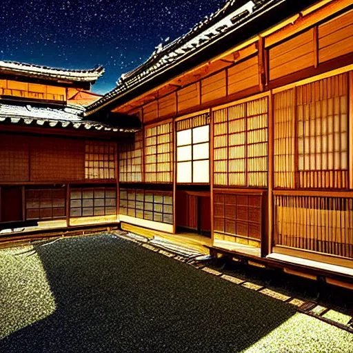 Prompt: An old traditional Japanese house by masashi kishimoto, a bright night sky