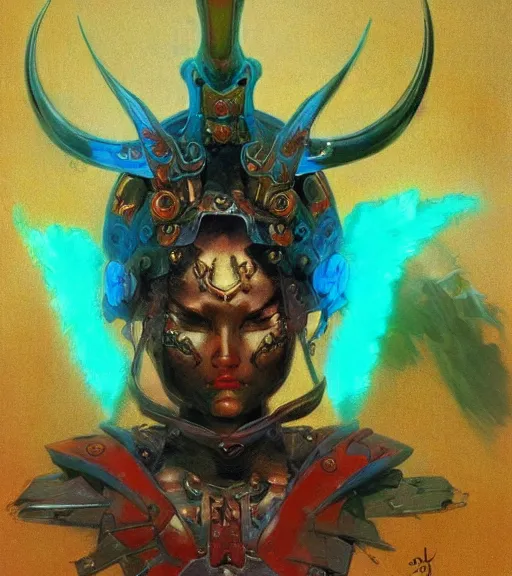 Prompt: portrait of strong korean female chaos angel, beautiful! coherent! by frank frazetta, by brom, strong line, vivid neon color, spiked scrap metal armor, iron helm, high contrast, maximalist