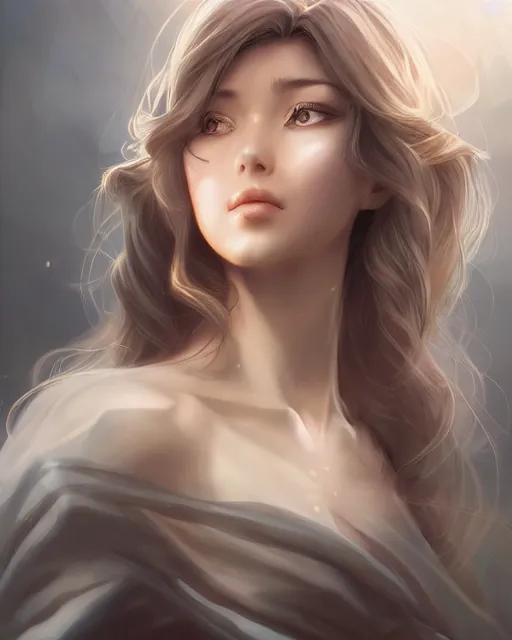 Image similar to a beautiful female cleric, ethereal, dreamy, backlit, realistic face, realistic lighting, sharp focus, hair in the wind, rule of thirds, by artgerm, wlop, rossdraws, frank frazetta, andrei riabovitchev, trending on artstation, hd, 4 k, fantasy