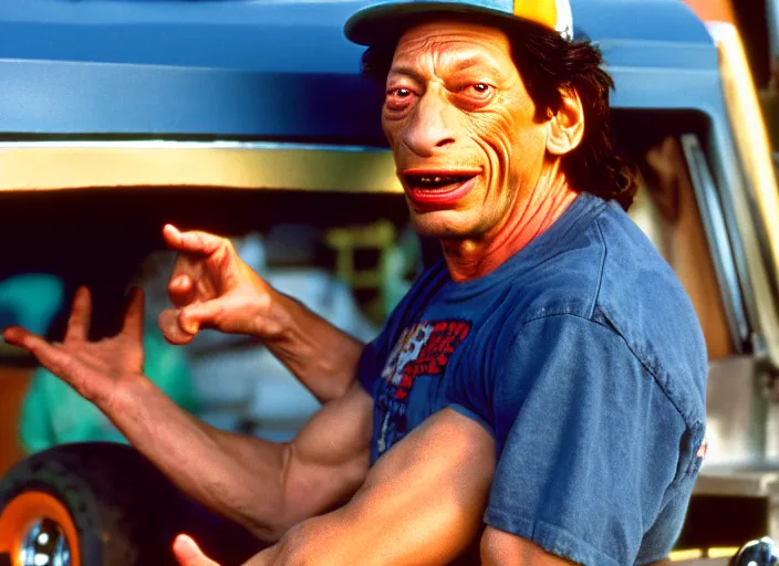 Image similar to photo of jim varney as ernest p worrell as a monster truck driver, 8 k, 8 5 mm f 5. 6