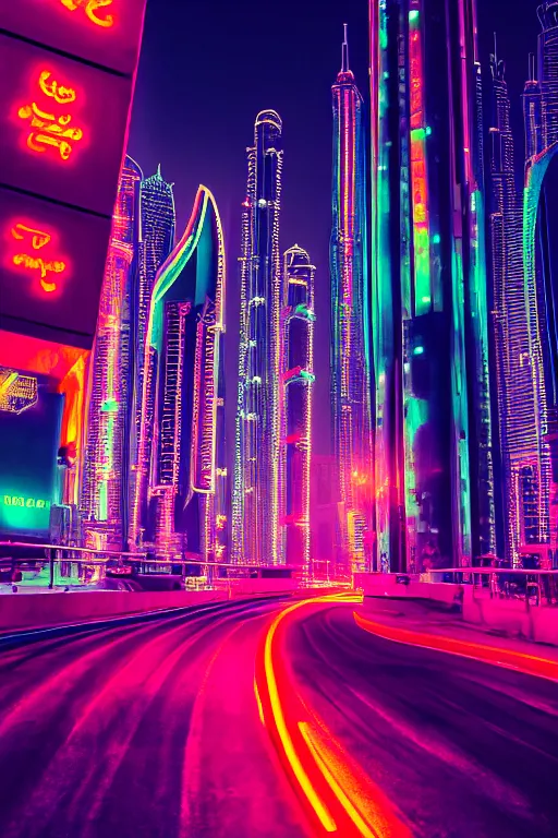 Prompt: neon streets of dubai, 4 k, award winning photo, cyberpunk style