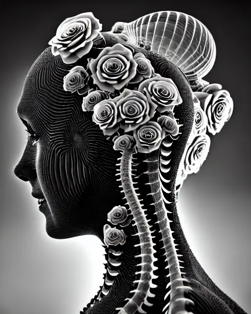 Image similar to mythical dreamy black and white organic bio - mechanical spinal ribbed profile face portrait detail of translucent steampunk beautiful female angelic - human - queen - vegetal - cyborg, highly detailed, intricate crystal ivy jelly ornate, poetic, translucent roses ornate, 3 d render, digital art, octane render, 8 k artistic photography, photo - realistic, by dora maar