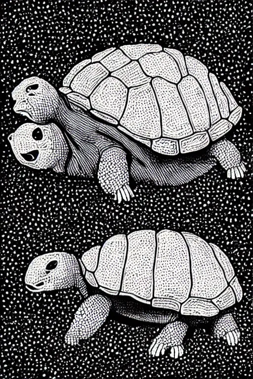 Prompt: “ ink drawing of a menstruating tortoise against a dark background, pointillism, vivid depiction of painful menstrual cramps ”