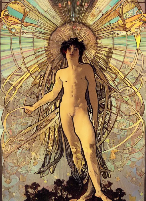 Image similar to digital character concept art by paul berthon and alphonse mucha, portrait of a young icarus a god, arms spread wide looking skyward as if to fly, large mechanical bird wings, beautiful, night time, light effect, clouds, stars, glowing lanterns, detailed, poster art, lithograph, hyper detail, intricate, digital painting, artstation, smooth,