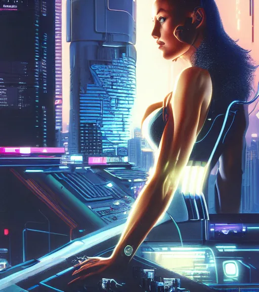 Image similar to cable plugged in, side of head, very very beautiful woman, cyberdeck computer terminal, street level night city, 1 9 7 9 omni magazine cover, style by vincent di fate, artgerm, cyberpunk 2 0 7 7, very coherent, detailed, 4 k resolution, unreal engine, daz