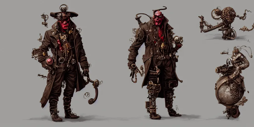 Prompt: Steampunk Hellboy character design, kim jung gi, Greg Rutkowski, Darek Zabrocki, Karlkka, Jayison Devadas, Phuoc Quan, trending on Artstation, 8K, ultra wide angle, pincushion lens effect