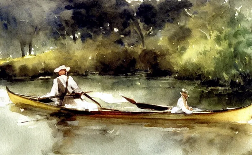 Prompt: watercolor lanscape by anders zorn, realistic, romanticism by goya, rowing boat on lake