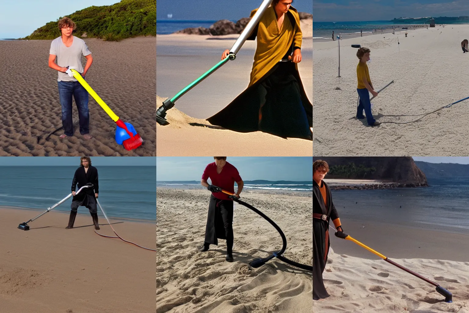 Image similar to Anakin Skywalker vacuuming the beach to remove sand