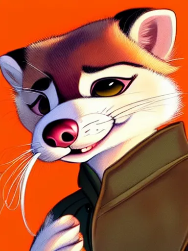 Image similar to beautiful furry art of ferret in smoking, high quality, detailed, zootopia style