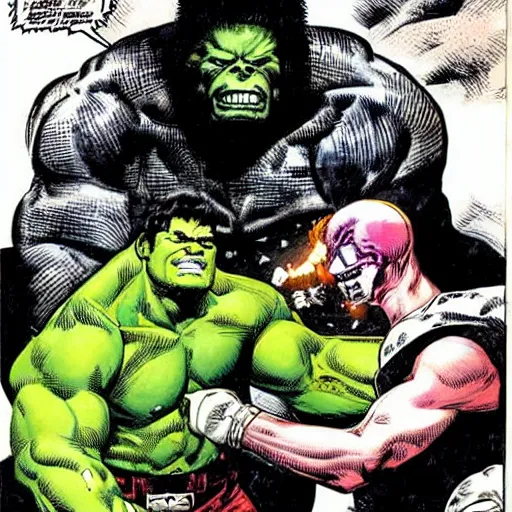 Prompt: ghost rider holding the hulk by the throat, marvel, jack kirby, jim lee