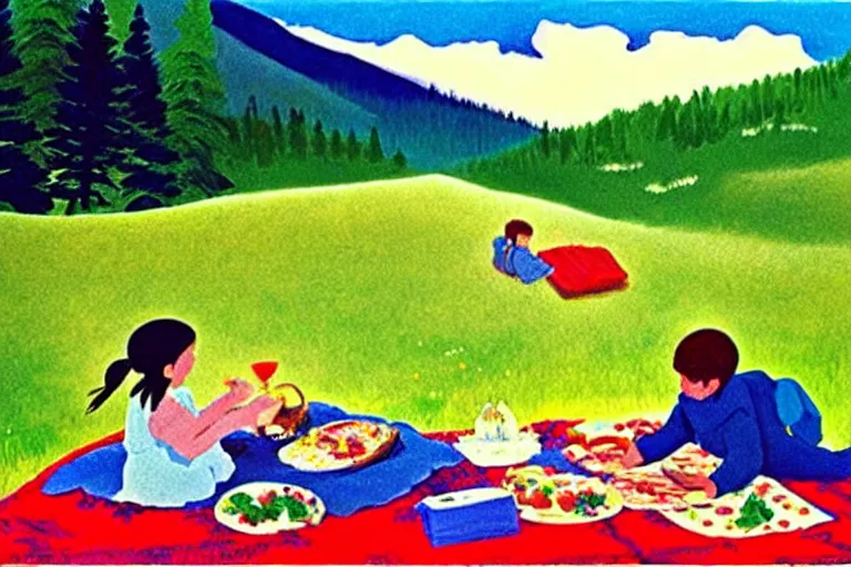 Image similar to ( ( ( ( ( ( ( a beautiful picnic scene in the rocky mountains ) ) ) ) ) ) ) by eric carle!!!!!!!!!!!!!!! detailed,