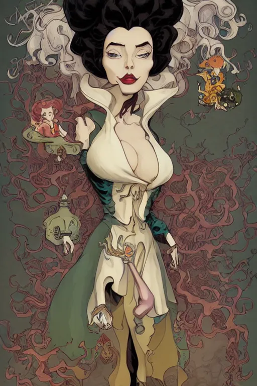 Prompt: portrait of crazy mad lady scientist, cruella devil, merida, olivier armstrong, elsa, stylized illustration by peter mohrbacher, moebius, mucha, mike mignola, colorful comics style, clean line