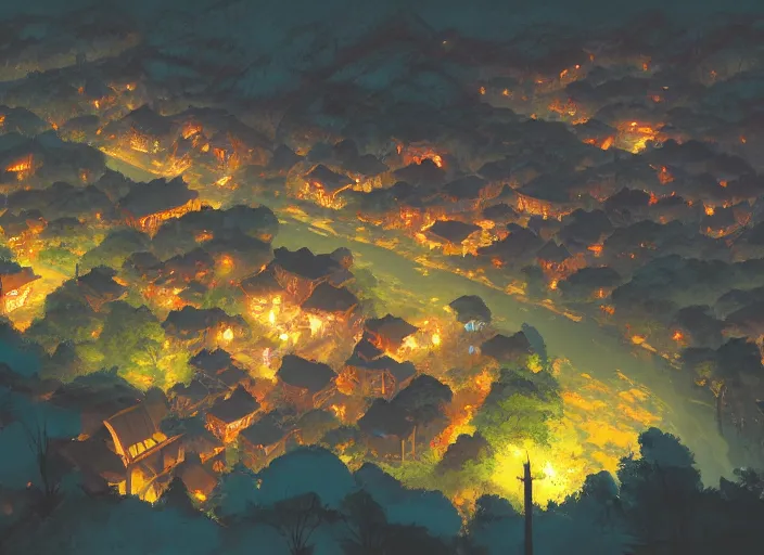 Image similar to concept art painting of a small woodland village at midnight, by a river in a mountain valley seen from above, night time, european japanese buildings, cel shaded, realistic, by makoto shinkai and moebius and anton fadeev and greg rutkowski and james gurney