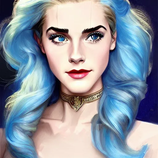 Image similar to A combination of Grace Kelly's and Emma Watson's and Katherine McNamara's faces with blue hair as She-Ra, western, D&D, fantasy, intricate, elegant, highly detailed, digital painting, artstation, concept art, matte, sharp focus, illustration, art by Artgerm and Greg Rutkowski and Alphonse Mucha