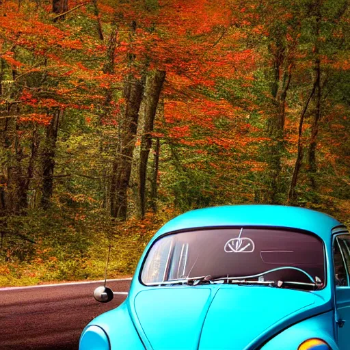 Image similar to promotional scifi - mystery movie scene of a big ladybug ( volkswagen beatle ) hybrid that's more ladybug, racing down a dusty back - road in smokey mountains tennessee. cinematic, 4 k, imax, 7 0 mm, teal autochrome, hdr