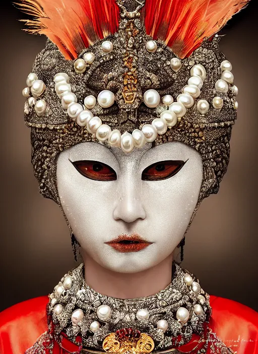 Prompt: hyperrealism, detailed textures, award winning autochrome photo, symetrical japanese pearl, beautiful animal pearl queen, autochrome pearl portrait, pearls, red feathers, silverplate, intricate, detailed facial pearl scary animal mask, pearl, golden jewelery, silverplate, ultra realistic, cinematic, intricate, by steve mccurry, unreal engine 8 k