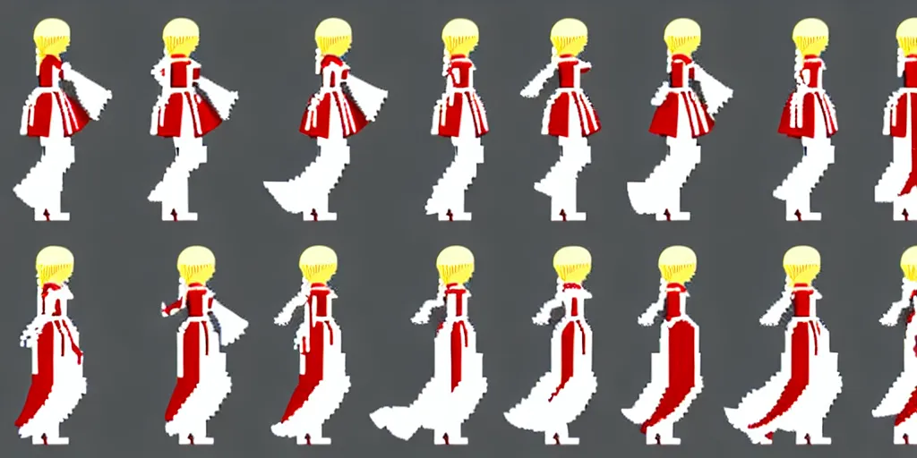 Prompt: walking cycle sprite sheet of a girl in a renaissance dress, walking to the right, each sprite is a different frame of the animation, in the style of final fantasy games, side view of her taking steps, accurate walk cycle, walk cycle, walk cycle, red and white dress