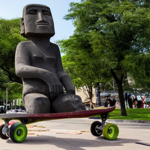 Image similar to moai statue doing a kickflip on a skateboard