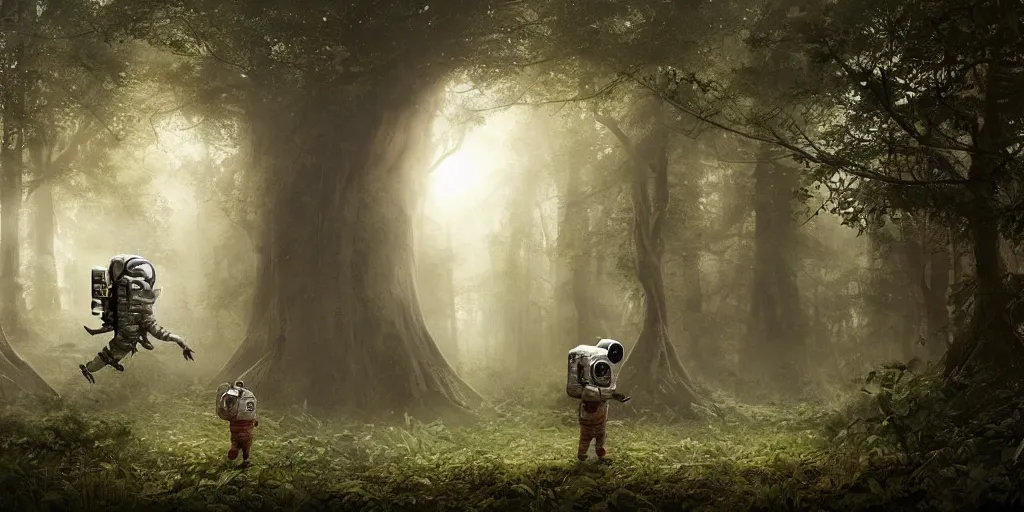 Image similar to an astronaut comes a across a strange creature in a forest, a detailed matte painting by frieke janssens, featured on cgsociety, space art, matte painting, matte drawing