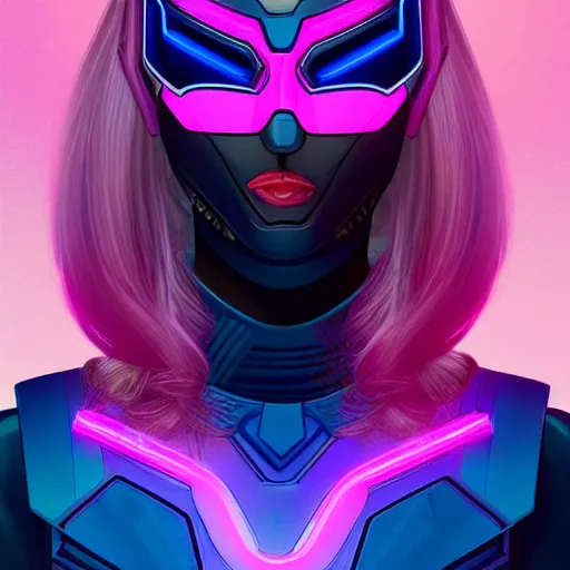 Image similar to a stunning upper body portrait of a beautiful young woman wearing futuristic navy blue and teal battle bodyarmor with pauldrons and inset glowing fine neon lines and ombre purple and pink hairstyle with hair blowing in the wind, by marvel comics, highly detailed, fine detail, intricate, digital art, trending on artstation