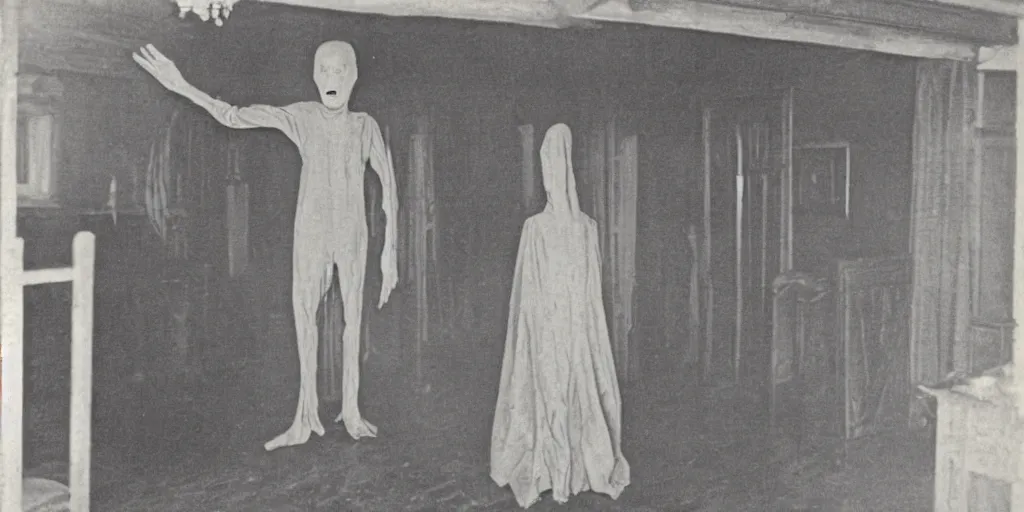 Image similar to scary unproportionable tall ghost creature inside a house, 1900s picture