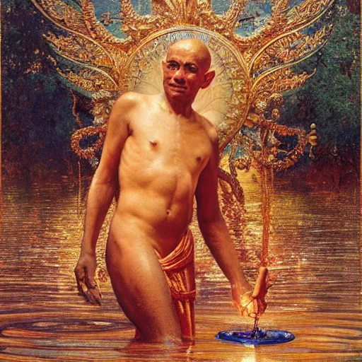 Image similar to highley detailed old srilankan buddhist monk drowning in liquid gold in baroque style, painting by gaston bussiere, craig mullins, j. c. leyendecker, lights, art by ernst haeckel, john william godward, hammershøi,