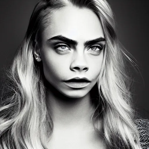 Image similar to photo of a gorgeous 20-year-old Cara Delevingne femme fatale waves hairstyle by Mario Testino, detailed, head shot, award winning, Sony a7R -