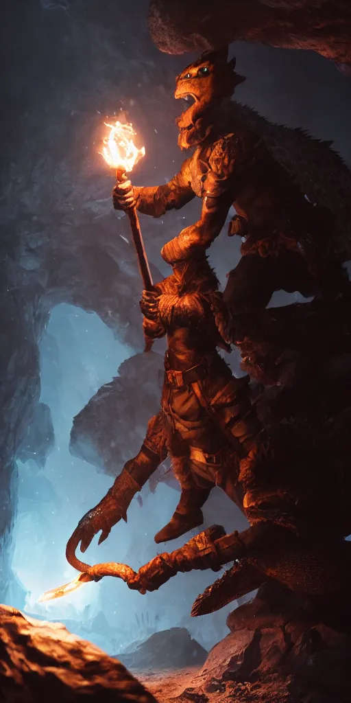 Image similar to a epic hero adventurer holding a torch in a dark cave, fantsy, concept art, artgerm, monster hunter world, 8 k realistic, radiant light, frostbite 3 engine, dof, cryengine, digital art, detailed background