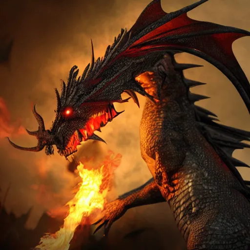 Image similar to dragon that blows fire on himself, photorealistic, 4 k