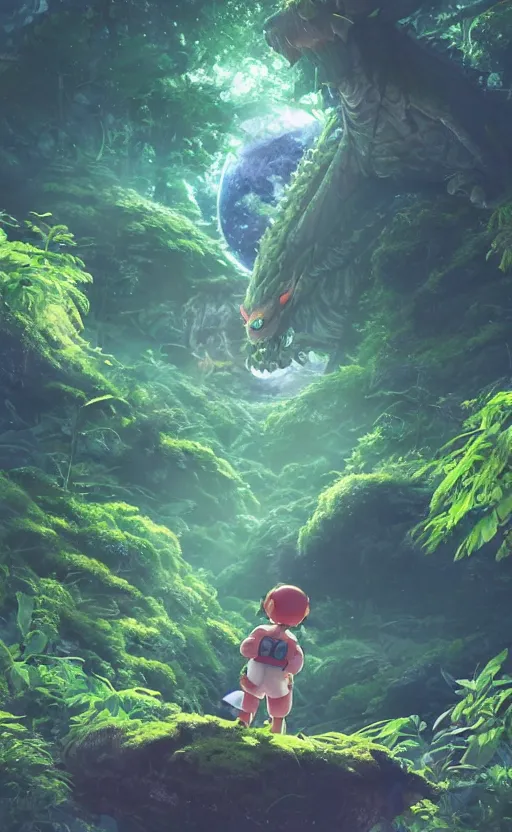 Prompt: a still of a cute adorable tiny astronaut, on a planet of lush foliage, with an enormous kaiju dragon surrounding, magical forest, sharp focus, neon backlit, highly detailed, disney pixar studio ghibli makoto shinkai, digital painting, matte, octane render, global illumination, iridescent, anime, 8 k