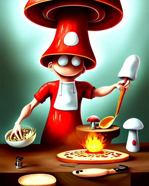 Image similar to an anthropomorphic mushroom chef cooking a meal, fantasy illustration, detailed digital painting, trending on artstation