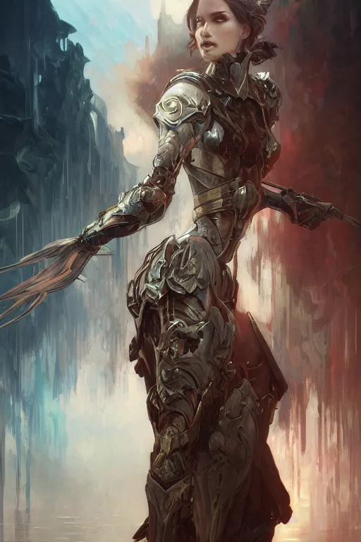 Prompt: woman with pale skin and battle armor, fog, volumetric lighting, intricate, elegant, highly detailed, digital painting, artstation, concept art, smooth, sharp focus, art nouveau, synthwave, art by raymond swanland and alphonse mucha