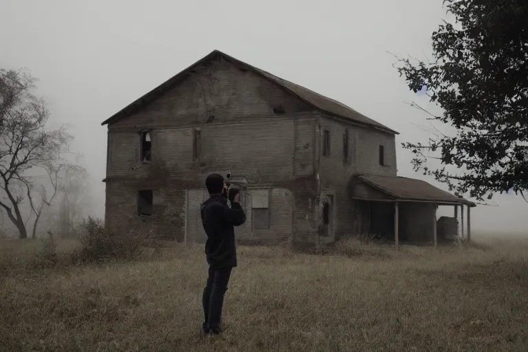 Image similar to a tourist taking a photo of an abandoned farmhouse, cinematic shot, foggy, photo still from movie by denis villeneuve