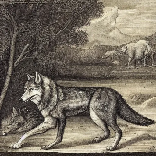 Prompt: a detailed wolf stalking a chaeta, photo from 1 7 0 0'd