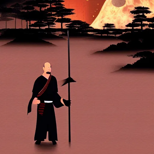 Prompt: old samurai holding ancient sword giant moon in background lighting the area