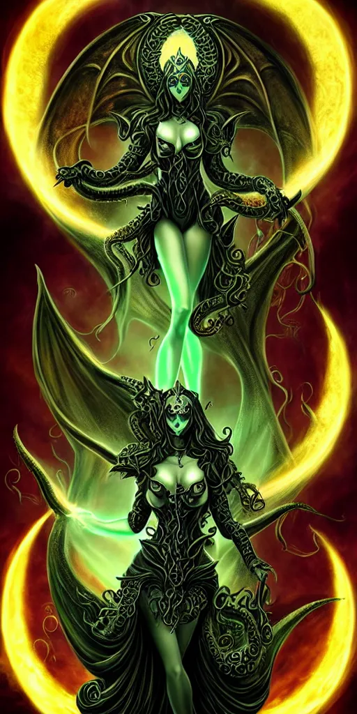 Prompt: enchanting feminine cthulhu goddess with timeless beauty, breathtaking glowing eyes & huge dragon wings, dressed for battle in black leather and gold armour, a glowing green plasma sword in her hand, red moon rising in behind her with many tentacles protruding from the shadow to frame the image, 8k, biblical mana art, unbeatable coherency, highly intricate digital art, incomprehensible and perspicious detail, unbeatable quality, silent hill aesthetic, lifelike, DSLR, HDR, 8k, unbeatable coherency, HP Lovecraft, by Reivash & AyyaSAP on deviantart