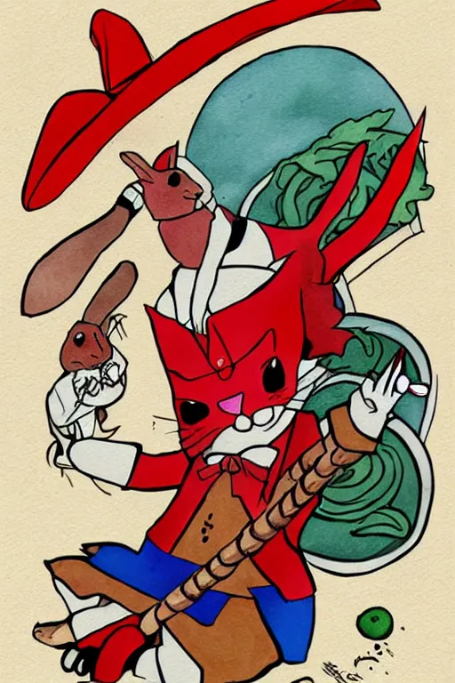 Image similar to red magician killing rabbit, art by tafy laplanche, colored by food colorhunt