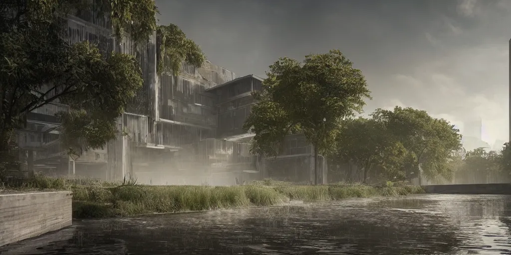 Image similar to brutalist architecture, streetscapes, surrounded by lush green forest and murky ponds of water, stunning volumetric lighting, sunset, rusted steel, smooth solid concrete, stunning skies, trending on Artstation, 8k, photorealistic, hyper detailed, unreal engine 5, IMAX quality, cinematic, epic lighting, in the style of the game DOOM, by Zdzislaw Beksinski