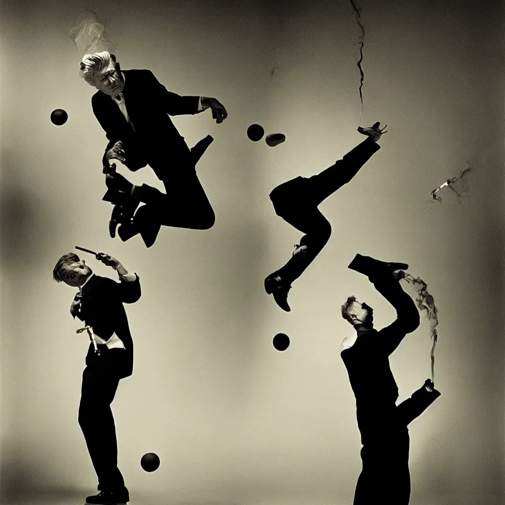 Prompt: award winning photo of david lynch smoking and playing with BALLS, vivid colors, happy, symmetrical face, beautiful eyes, studio lighting, wide shot art by Sally Mann & Arnold Newman