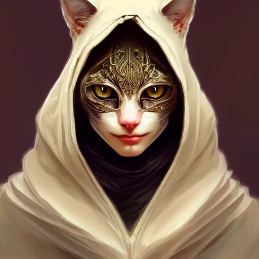 Image similar to portrait of cat wizard wearing a hood, face, fantasy, intricate, elegant, highly detailed, digital painting, artstation, concept art, smooth, sharp focus, illustration, art by artgerm and greg rutkowski and alphonse mucha