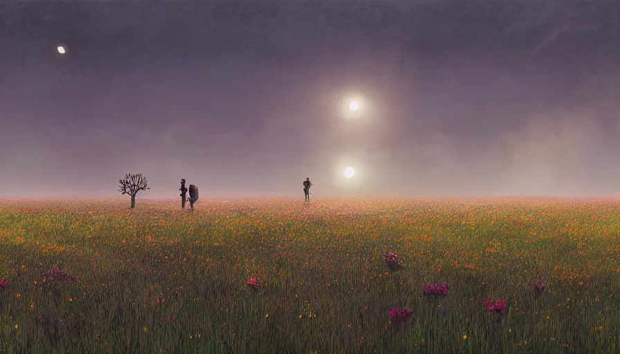 Prompt: solar eclipse in iceland, field with grass and flowers, wind, forest, two deers, matte painting, art station, simon stalenhag