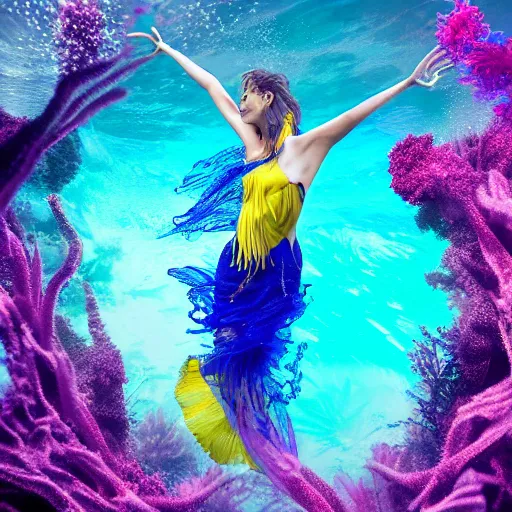 Image similar to beautiful woman with gorgeous eyes and high cheekbones dancing underwater wearing a flowing dress made of blue, magenta, and yellow seaweed, delicate coral sea bottom, swirling silver fish, swirling smoke shapes, octane render, caustics lighting from above, cinematic, hyperdetailed