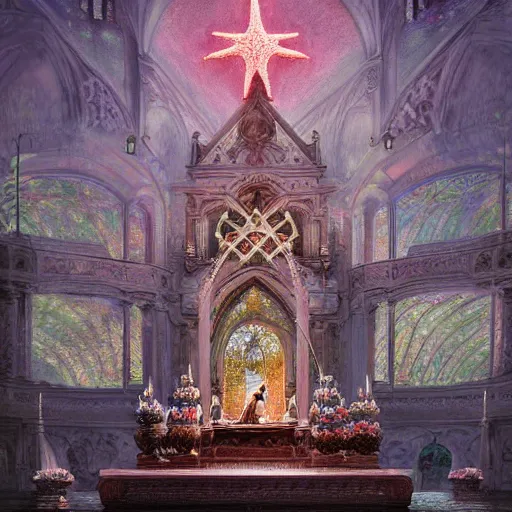 Prompt: patrick starfish meditates on the altar, hyperrealism, no blur, 4 k resolution, ultra detailed, style of ron cobb, adolf hiremy - hirschl, ismail inceoglu, rene margitte