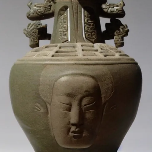 Image similar to vase work, Ancient vase art of James P. Sullivani in art style of chinese art, fragmented clay firing chinese vase with an James P. Sullivan in the style of ancient chinese art, ancient chinese art!!!!! chinese art