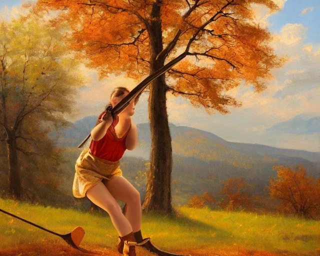 Image similar to landscape portrait of a girl swinging an axe, swinging axe at a hickory tree, autumn mountains, original oil on canvas painting by william sydney mount, trending on artstation