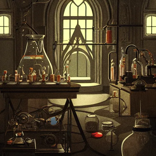 Image similar to inside a mysterious alchemist\'s laboratory, 70mm film, trending on artstation