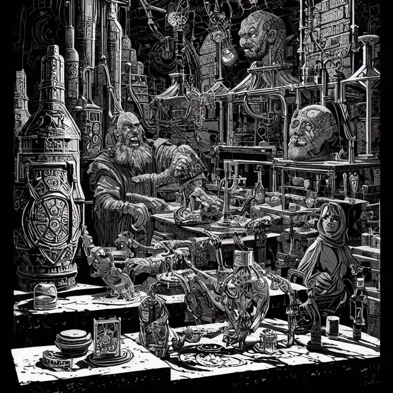 Image similar to ancient alchemist wizards laboratory, high details, lineart, by vincent di fate, inking, 3 color screen print, masterpiece, trending on artstation, etching, sharp, high contrast, hyper - detailed, hd, 4 k, 8 k