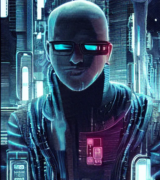 Prompt: a cyberpunk man with multiple digital patchwork faces, techwear, Industrial Scifi, detailed illustration, character portrait, by Martin Grip and Moebius