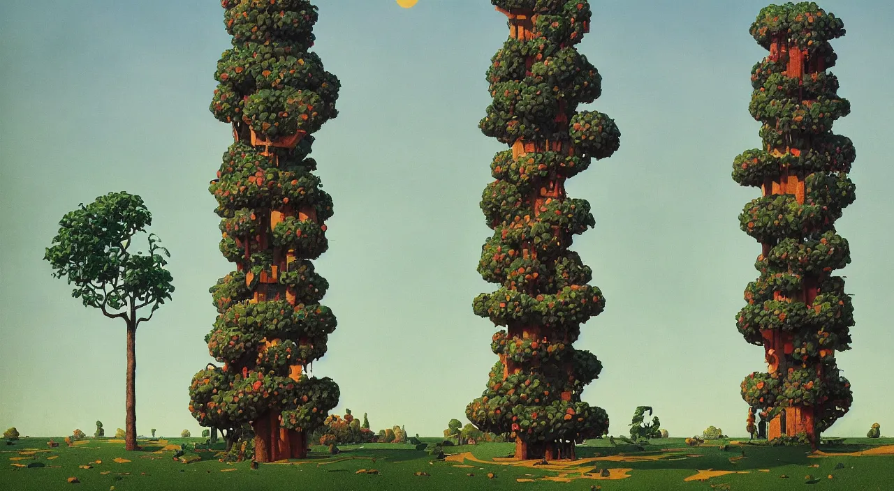 Prompt: single flooded simple snake tree tower!, very coherent and colorful high contrast!! masterpiece by rene magritte simon stalenhag carl spitzweg syd mead norman rockwell edward hopper james gilleard, minimalist, dark shadows, sunny day, hard lighting